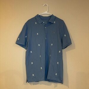 Vineyard Vines medium men's polo with white embroidered Bigfoot emblems.